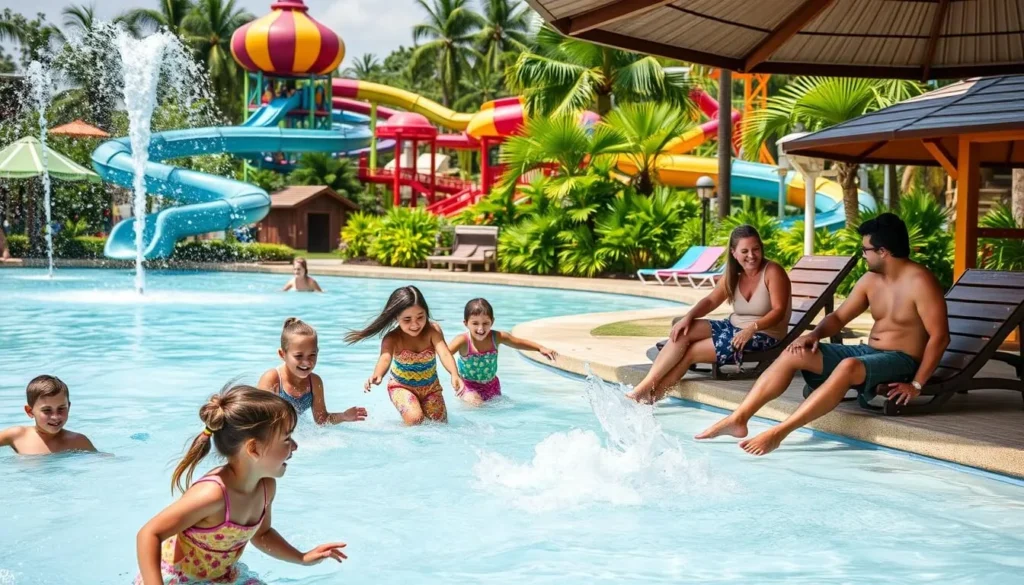 Generate an image of a family enjoying a day at Hawaiian Falls Waterpark, with kids playing in the splash areas and adults relaxing nearby.