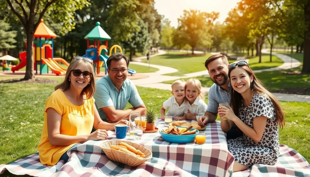 Generate an image of a family enjoying a picnic at Duck Creek Park, with a playground and walking trails in the background.
