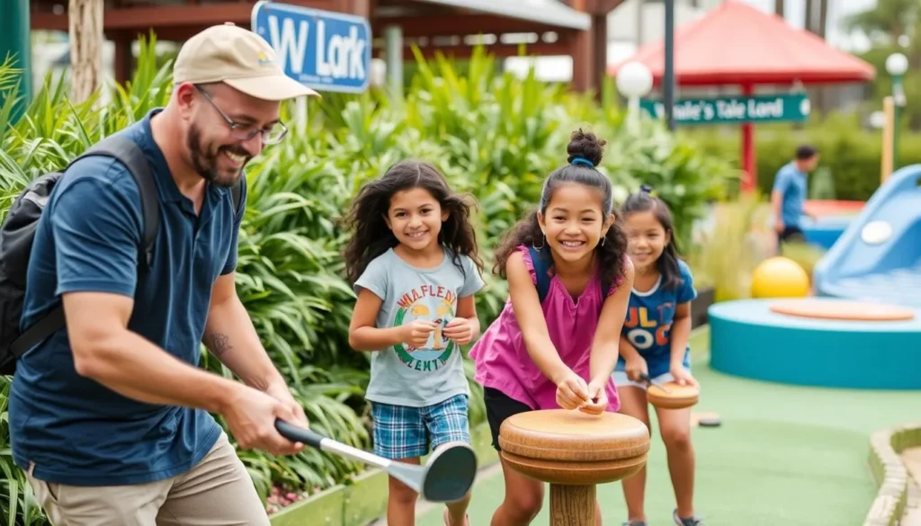 Generate an image of a family enjoying mini golf at Whale's Tale on Shelter Island.