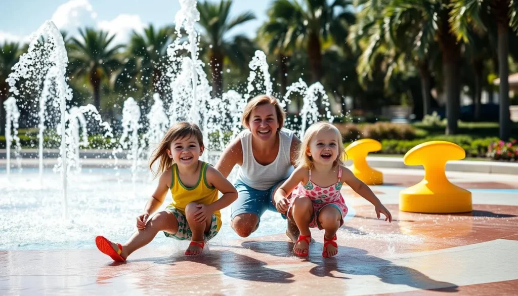 Generate an image of a family enjoying the splash pad at Royal Palm Pointe Fountains in Vero Beach, Florida.