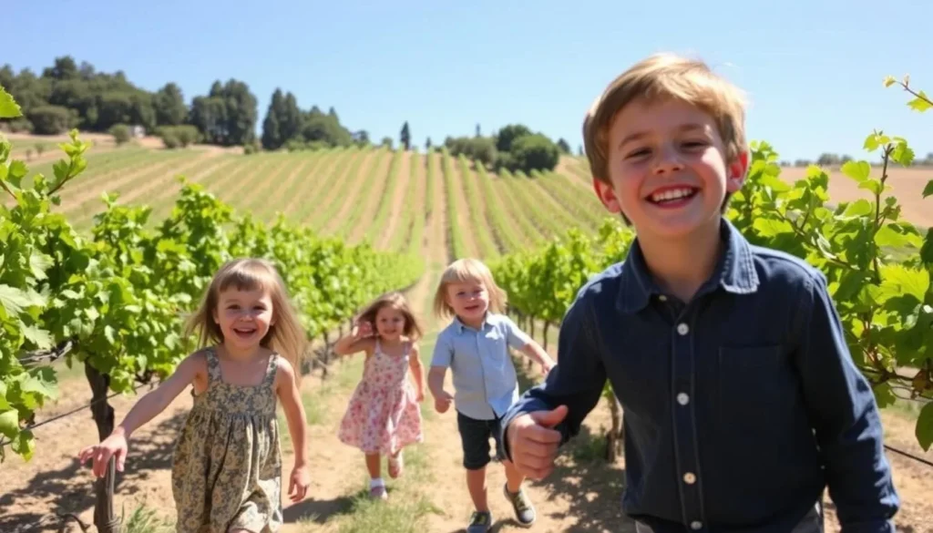 Generate an image of a family-friendly winery in Napa Valley with children playing in a vineyard.