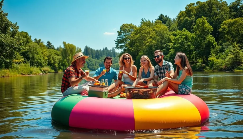 Generate an image of a family having a barbecue on a floating buoy in the middle of a serene river.