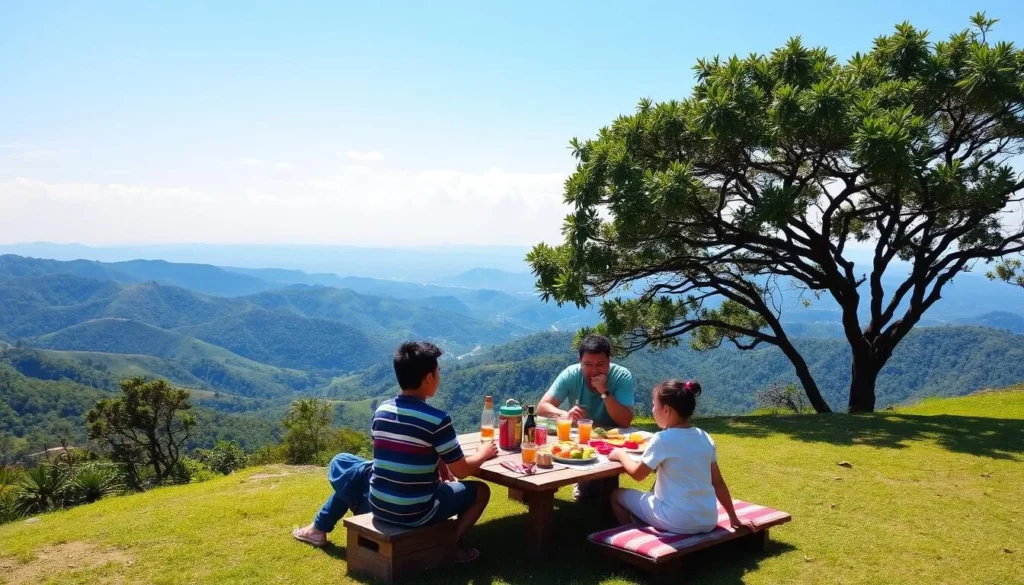 Generate an image of a family having a picnic at Picnic Grove in Tagaytay, with a scenic view of the surrounding landscape.