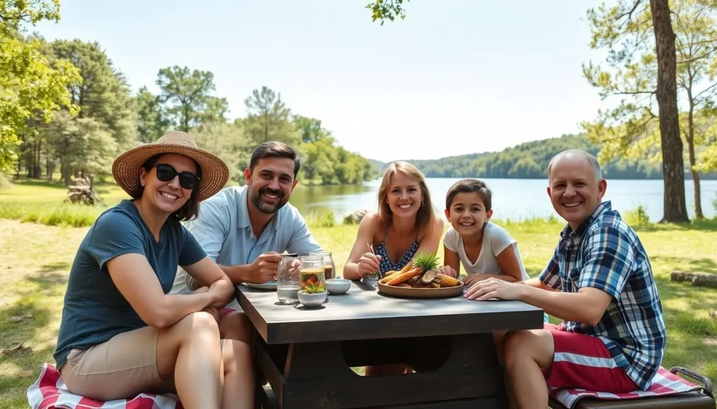 Generate an image of a family having a picnic at Rock Cut State Park, with a lake and trees in the background.