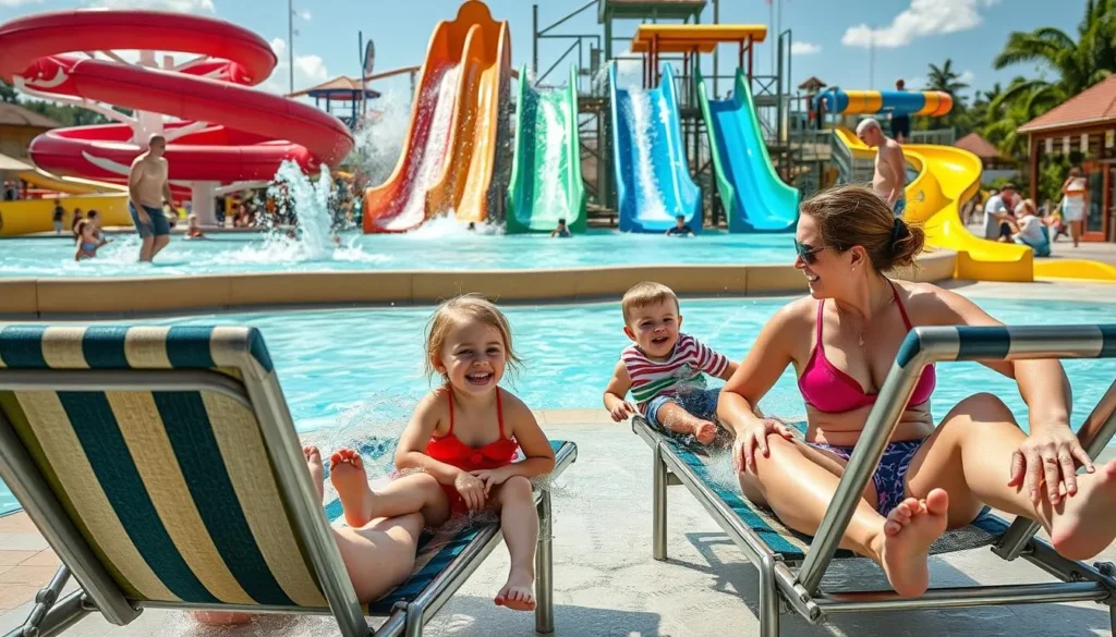 Generate an image of a family having fun at Ravine Water Park, with kids playing on water slides and parents relaxing nearby.
