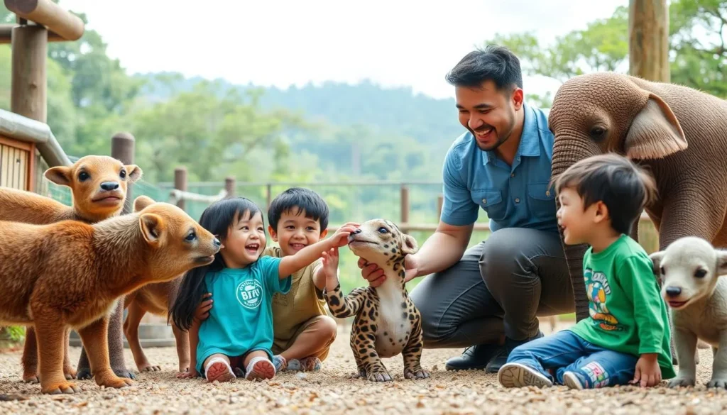 Generate an image of a family interacting with animals at Paradizoo in Tagaytay.