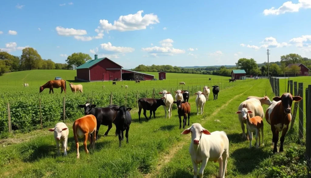Generate an image of a farm participating in the Piedmont Farm Tour, highlighting the farm's animals and agricultural practices.