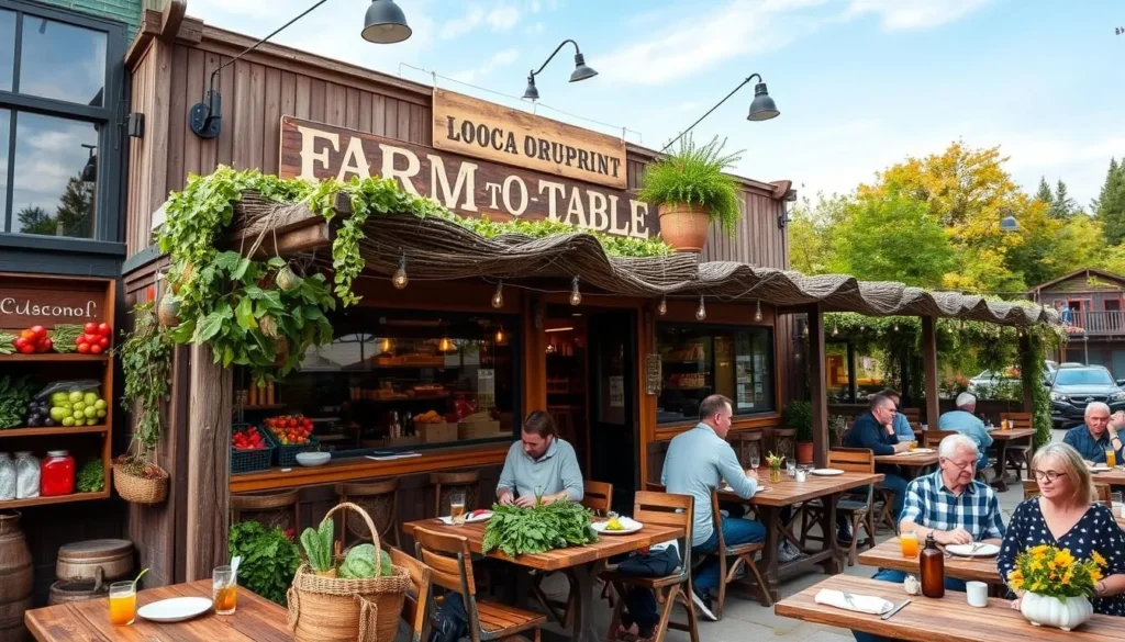 Generate an image of a farm-to-table restaurant in Ithaca with a seasonal menu showcasing local ingredients.