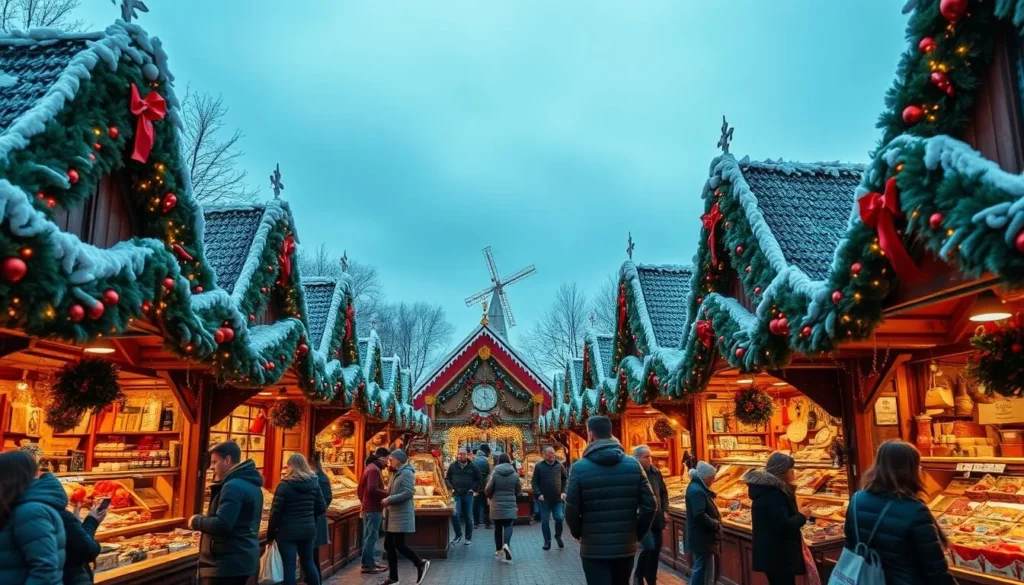 Generate an image of a festive holiday market scene with decorated stalls and people shopping.