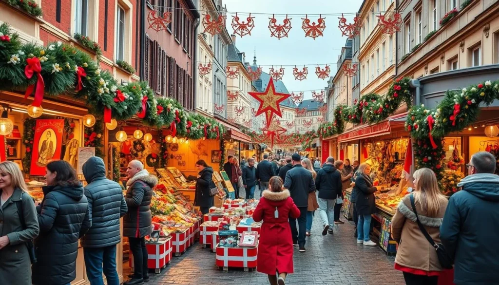 Generate an image of a festive market in Nancy, France during the Saint-Nicolas Festival