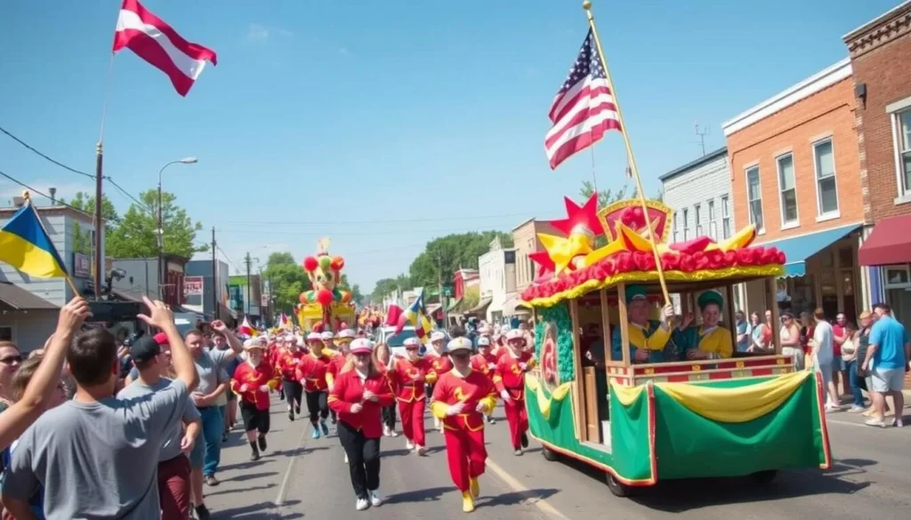 Generate an image of a festive parade with floats, marching bands, and spectators waving flags in a small town.