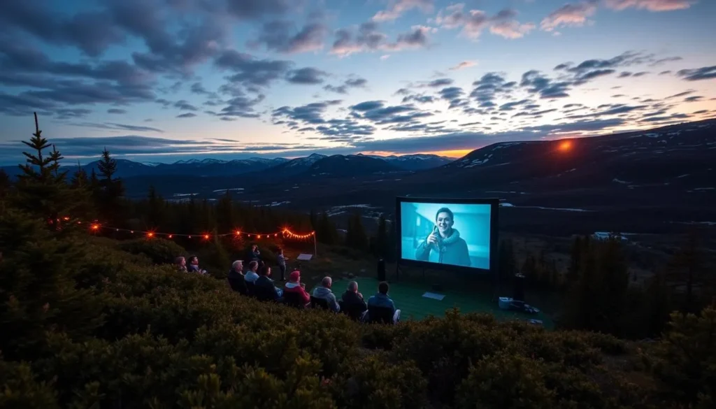 Generate an image of a film screening outdoors under the midnight sun in a scenic Lapland landscape.