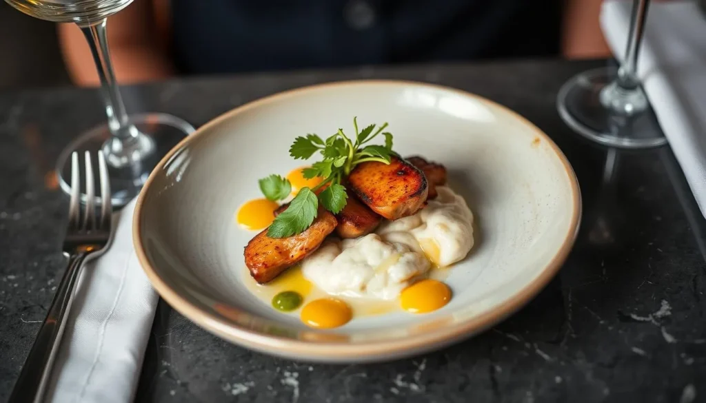 Generate an image of a fine dining dish at Brix25 in Gig Harbor.