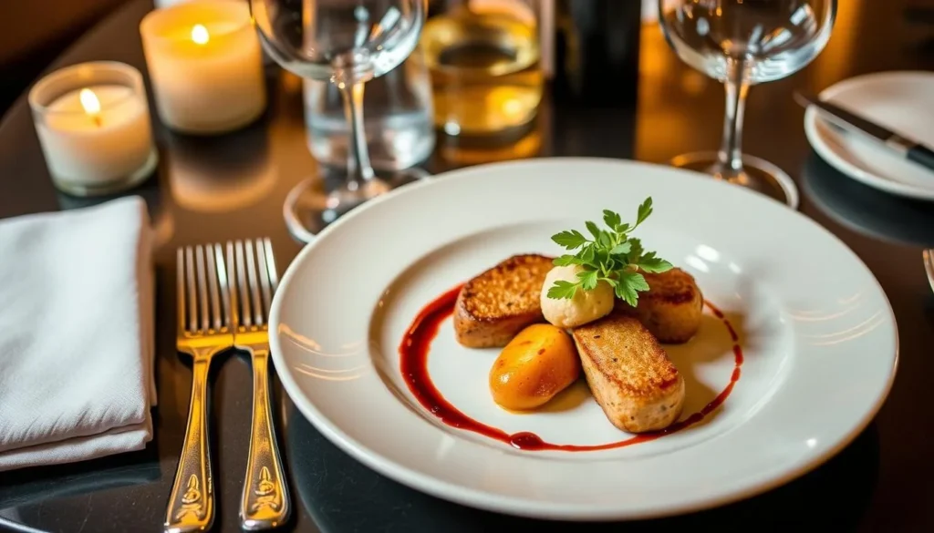 Generate an image of a fine dining table setting at Brine or Black Cow, featuring a beautifully presented dish.