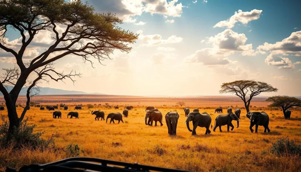 Generate an image of a game drive in Ruaha National Park, with a large elephant herd in the savanna.