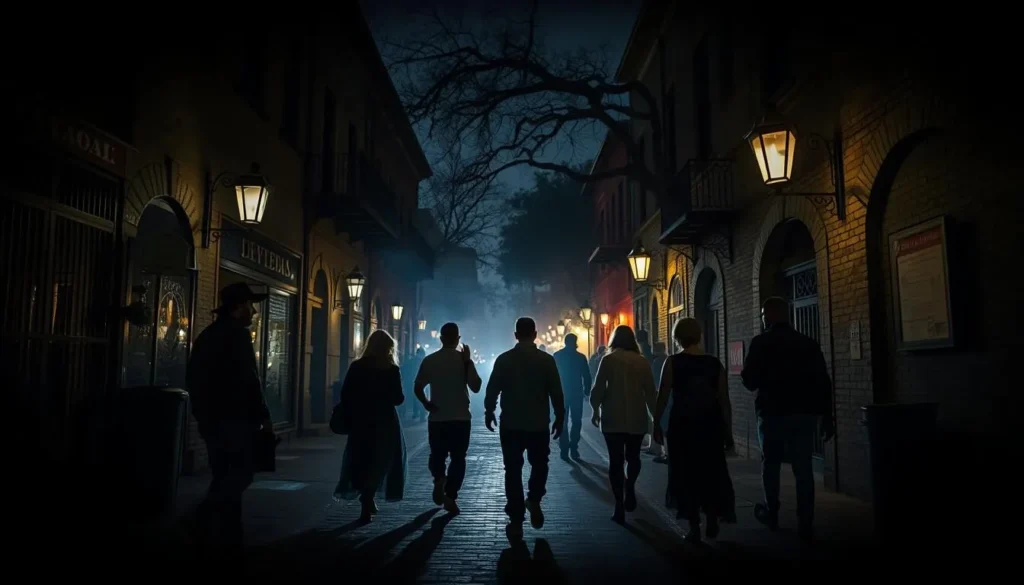 Generate an image of a ghost tour group walking down a dimly lit street in San Antonio's historic district.