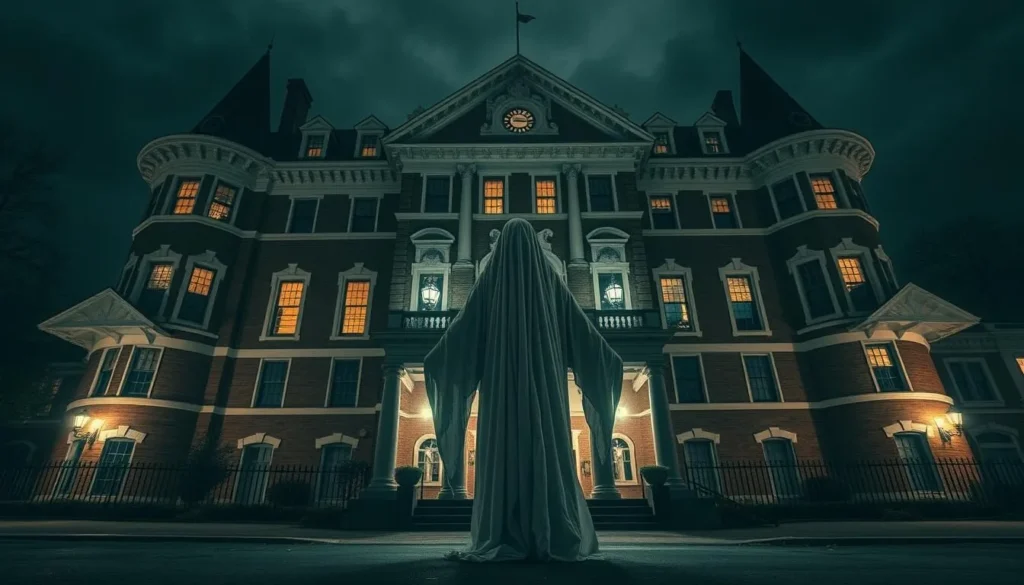 Generate an image of a ghostly figure in front of a historic Birmingham hotel.