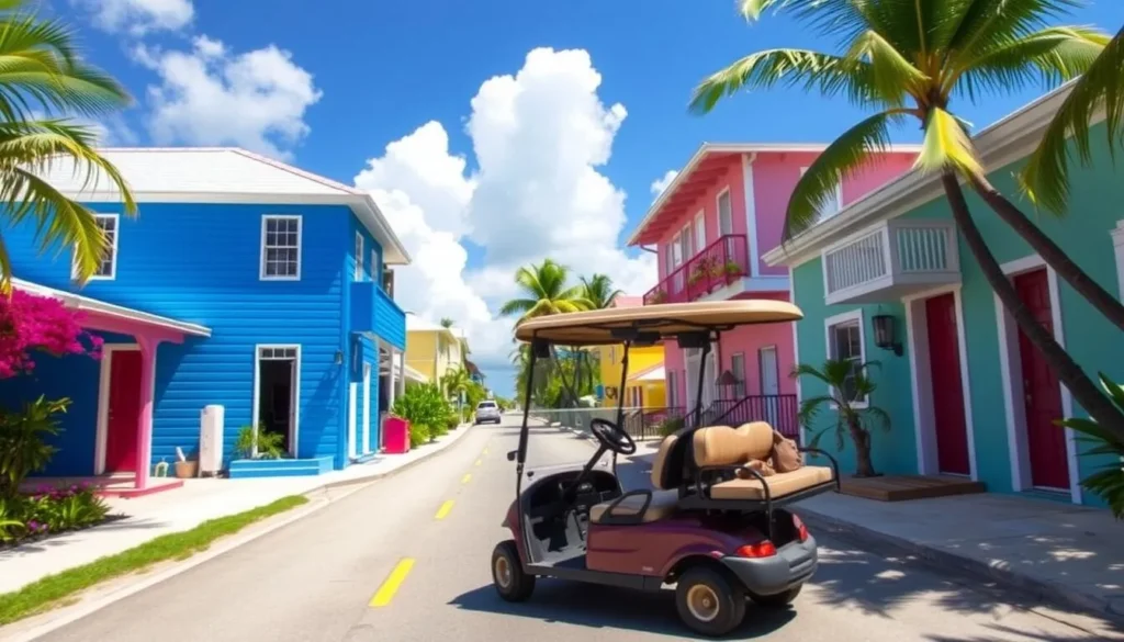 Generate an image of a golf cart navigating a charming settlement on Elbow Cay. Generate an image of a golf cart navigating a charming settlement on Elbow Cay.