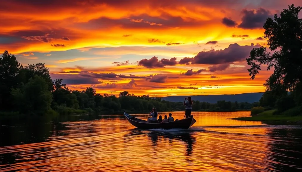 Generate an image of a gondola cruise on the Arkansas River at sunset.