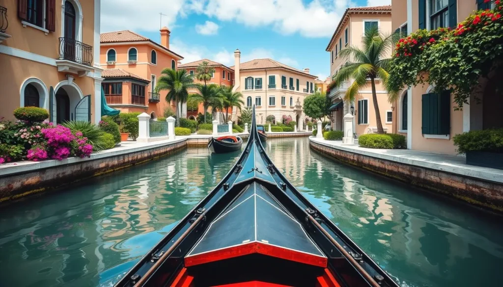 Generate an image of a gondola ride in Naples Island's picturesque canals.