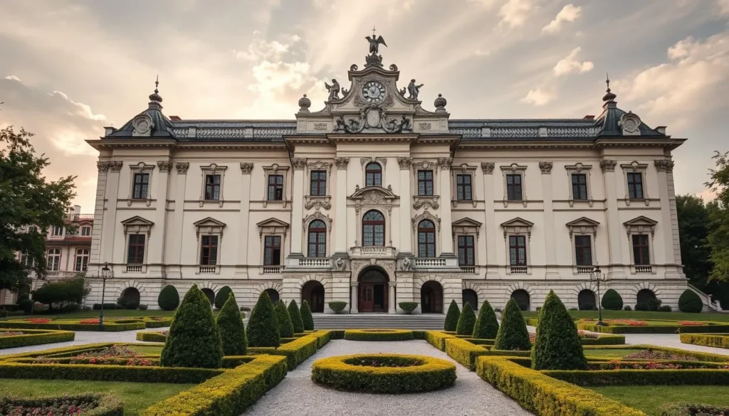 Generate an image of a grand Austrian museum with a Baroque facade and beautiful gardens. Generate an image of a grand Austrian museum with a Baroque facade and beautiful gardens.