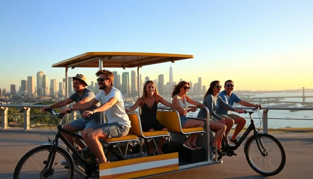 Generate an image of a group of friends enjoying a ride on the Sunrise Pedal Trolley in Bay City, with the city's scenic views in the background.