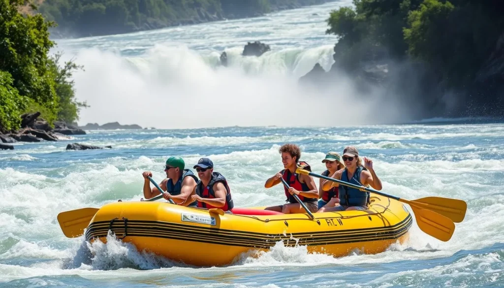 Generate an image of a group of people white water rafting on the Zambezi River.