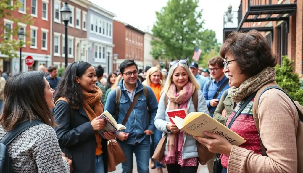 Generate an image of a guided literary walking tour in Salem, with participants listening to a guide.