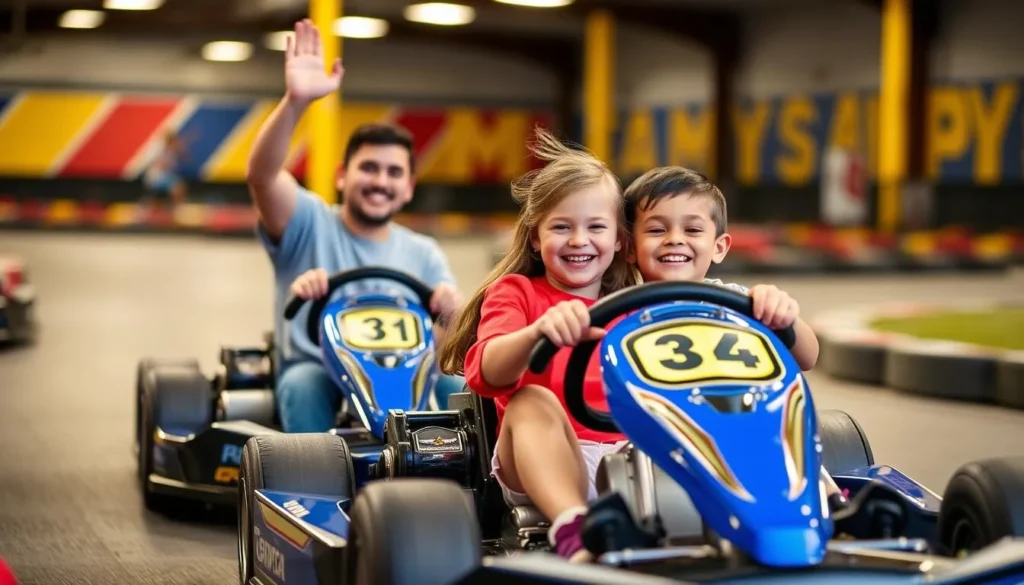 Generate an image of a happy family enjoying go-kart racing at Williamstown Family Fun Park.