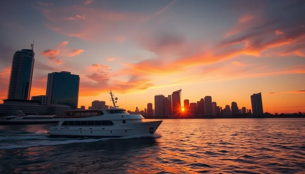 Generate an image of a harbor cruise boat sailing in San Diego Bay with the city skyline in the background.
