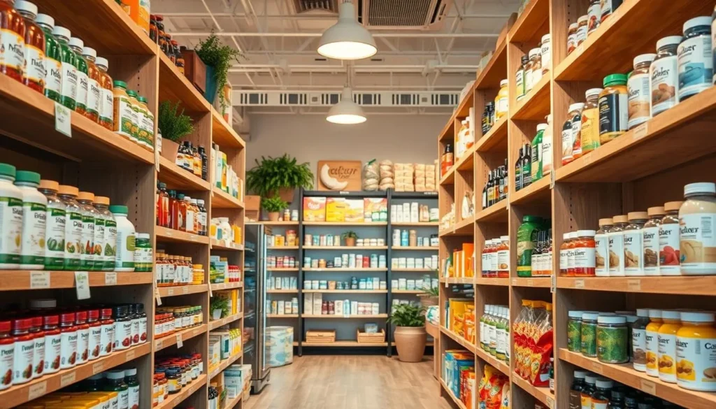 Generate an image of a health food store with natural supplements and organic products on the shelves.