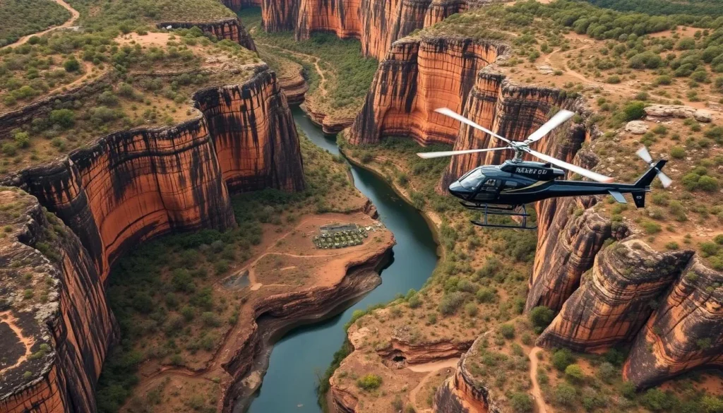 Generate an image of a helicopter flying over Nitmiluk Gorge