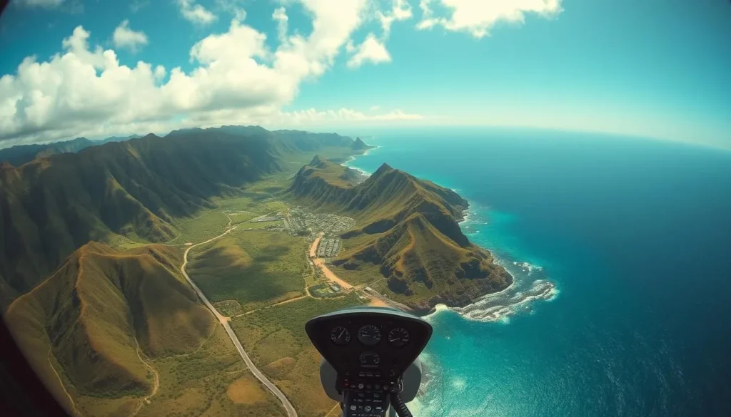 Generate an image of a helicopter flying over Oahu's coastline with a doors-off view, capturing the stunning scenery below.