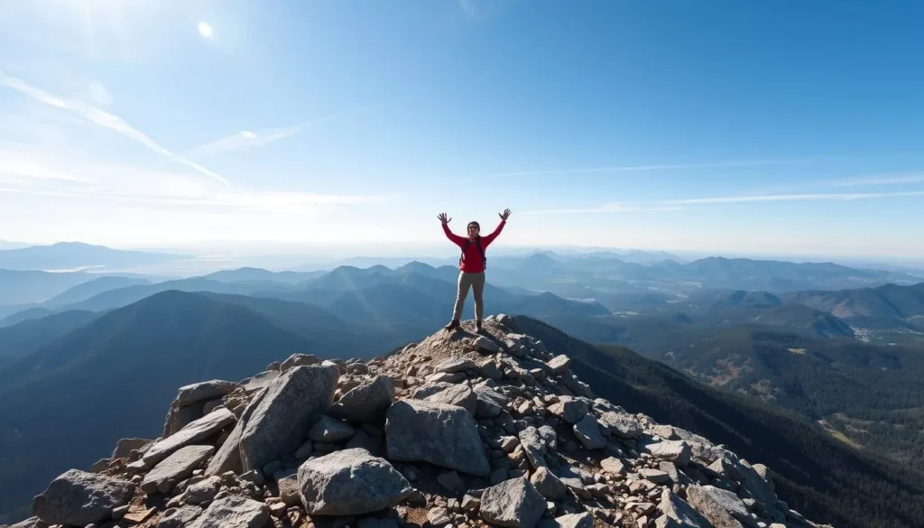Generate an image of a hiker at the summit of Slide Mountain.