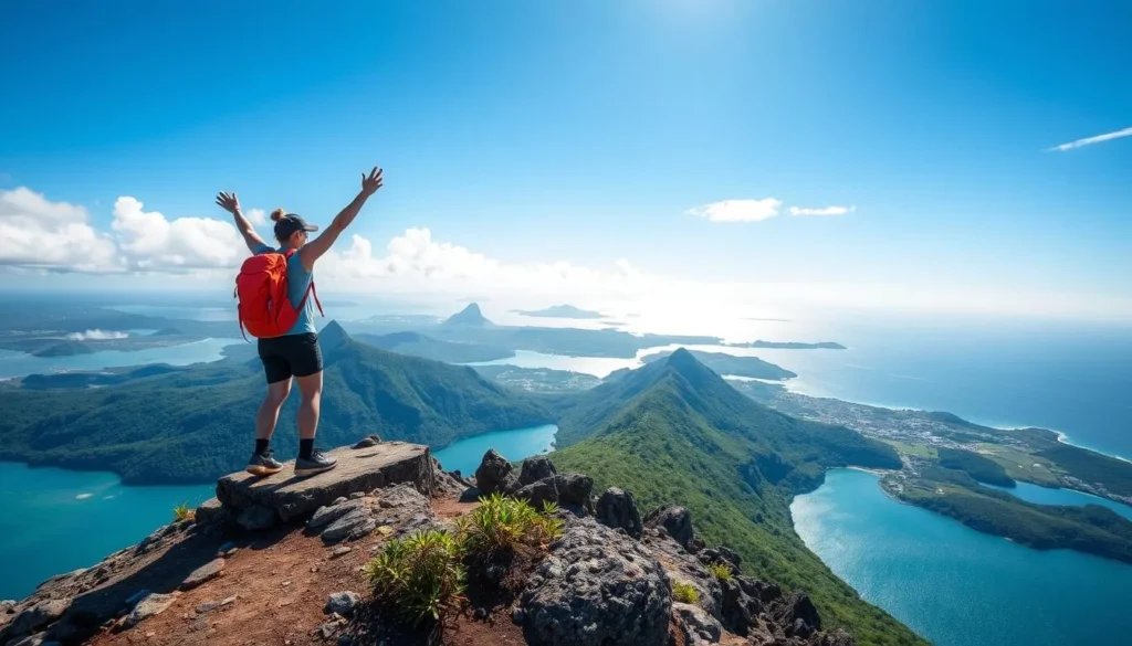 Generate an image of a hiker on Lord Howe Island reaching the summit of Kim's Lookout with a breathtaking view.