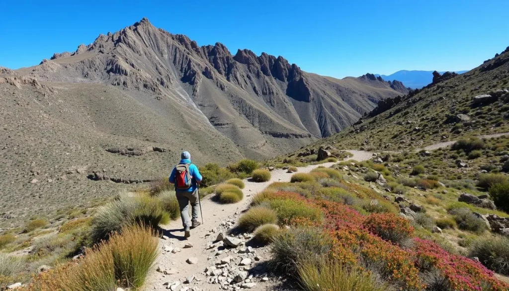 Generate an image of a hiker on a trail in Franklin Mountains State Park