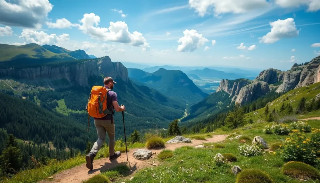 Generate an image of a hiker on a trail in Gauja National Park, with a scenic valley in the background.