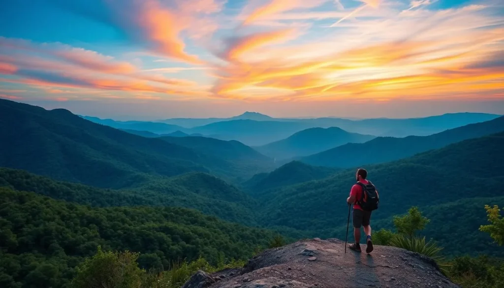 Generate an image of a hiker on the Blue Ridge Parkway