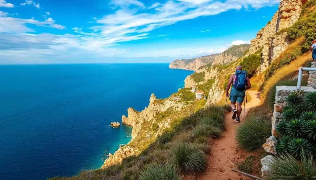 Generate an image of a hiker on the Camí de Ronda trail in Costa Brava
