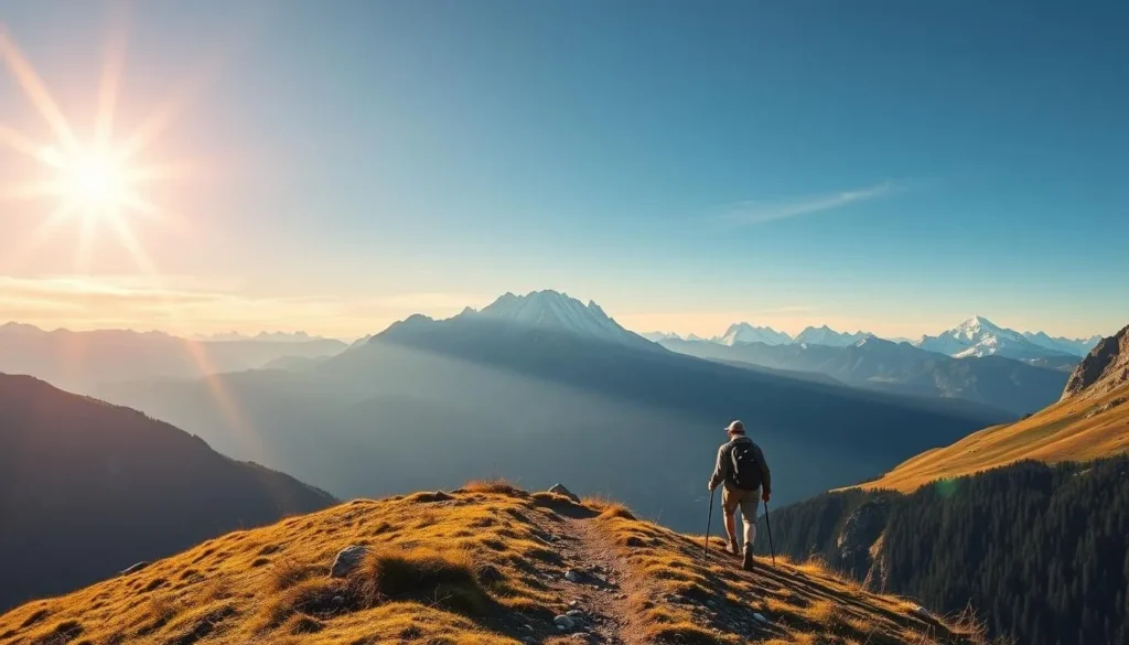 Generate an image of a hiker on the Liechtenstein Trail with the Alps in the background.