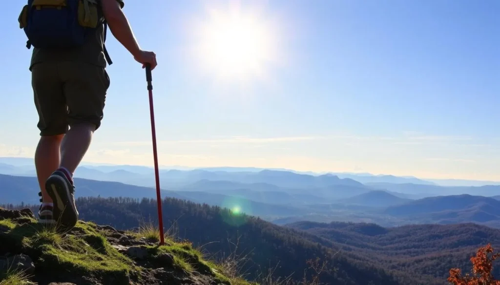 Generate an image of a hiker on the Long Trail with a scenic view of the Green Mountains.