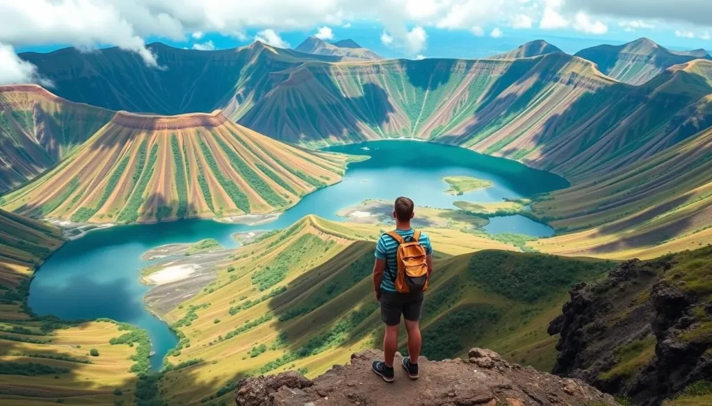 Generate an image of a hiker standing at the edge of Caldera de Taburiente, looking out at the lush landscape.