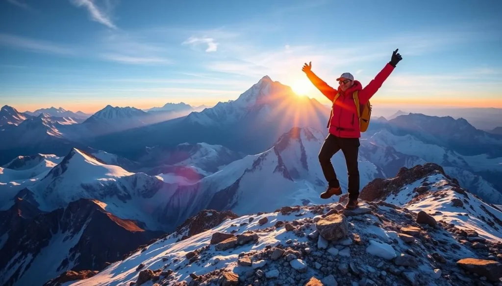 Generate an image of a hiker standing at the summit of Kala Patthar with the sunrise over Mount Everest in the background.