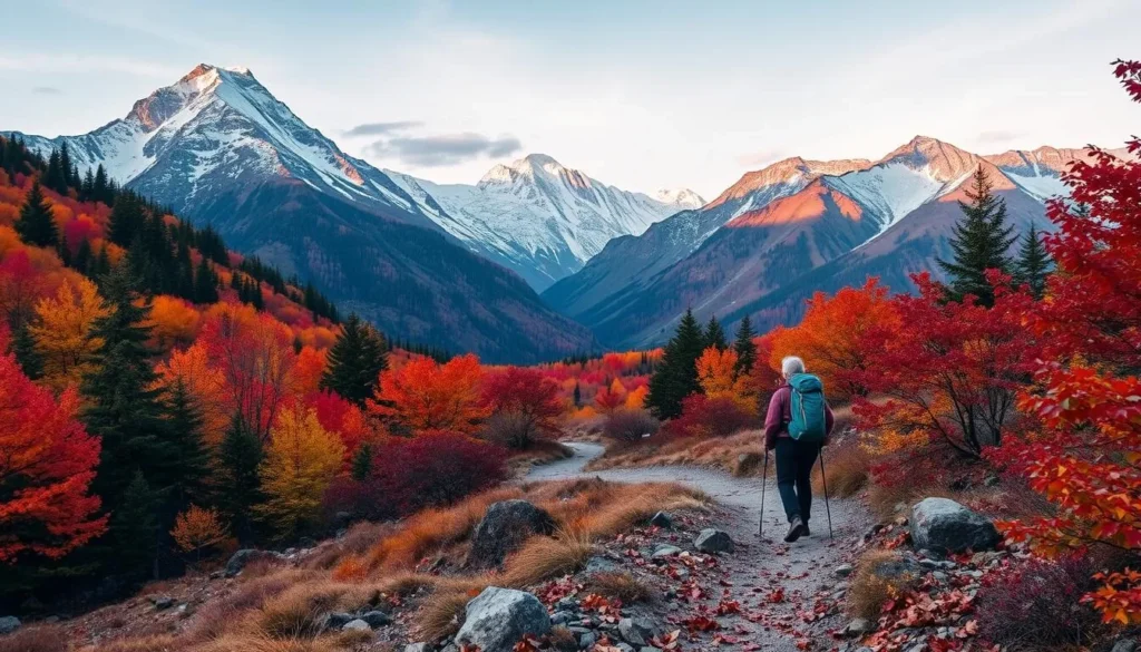 Generate an image of a hiker walking through the Japanese Alps during autumn.