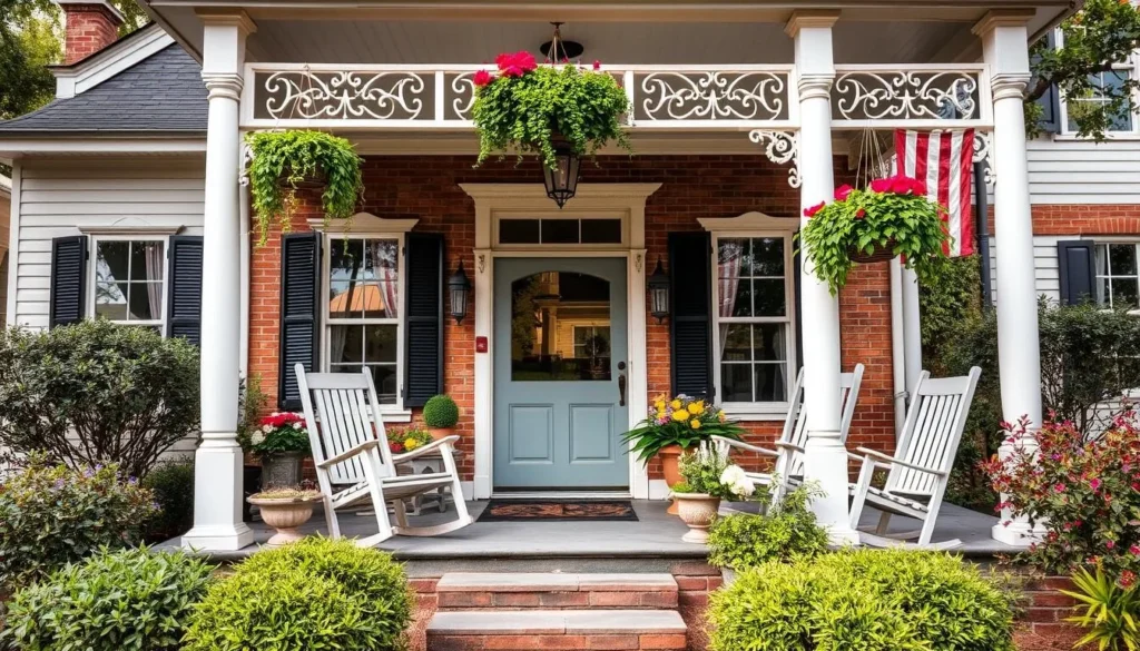Generate an image of a historic bed and breakfast in Marietta, Georgia, with a charming porch and Southern hospitality.
