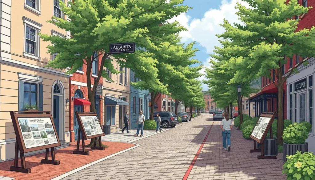 Generate an image of a historic street in Augusta, Maine, with interpretive panels along the sidewalk.