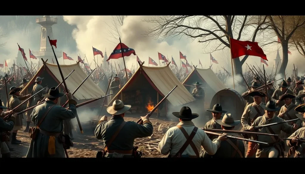 Generate an image of a historical reenactment scene with colonial camp and street battles.
