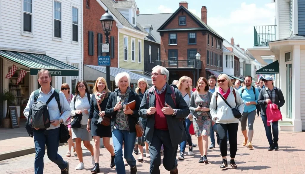 Generate an image of a historical walking tour in Newburyport, showing a guide leading a group through the town's historic streets.