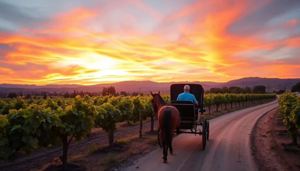 Generate an image of a horse-drawn carriage ride through Temecula vineyards at sunset.