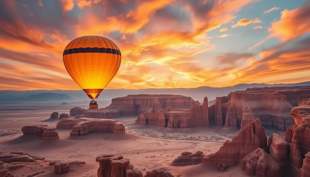 Generate an image of a hot air balloon floating above Wadi Rum's desert landscape at sunrise.